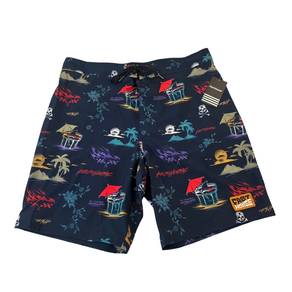 Fasthouse Hideout 19" Boardshorts Men's 38 Indigo Blue Tiki Skull Swim Trunk NWT
